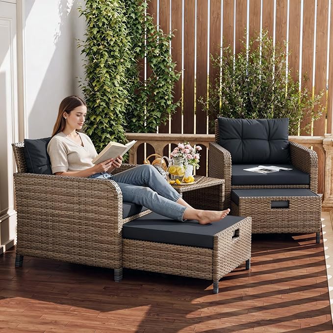 LHBcraft Balcony Furniture 5 Piece Patio Conversation Set, PE Wicker Rattan by LHBcraft-US