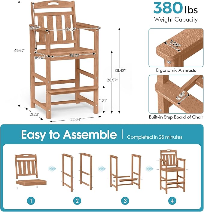 Ciokea Heavy Duty Bar Height Chair, 380lbs Outdoor Adirondack Tall Bar Chair - Image 2