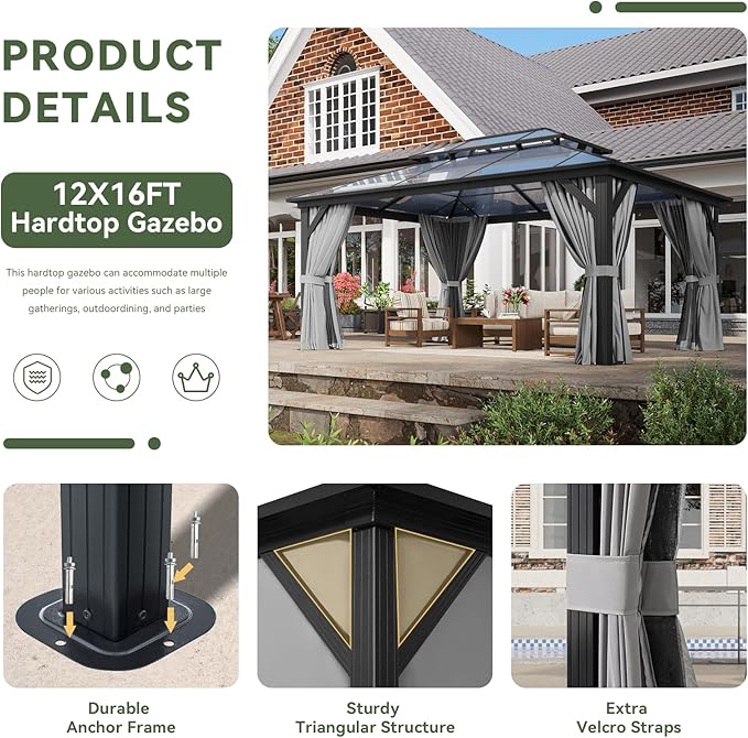 Aoxun 12'x16' Hardtop Gazebo, Aluminum Frame Permanent Pavilion - Image 6
