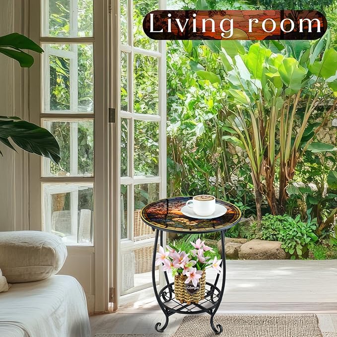 Outdoor Side Table Round Small Mosaic Patio Accent Indoor End Plant Coffee Tea - Image 7