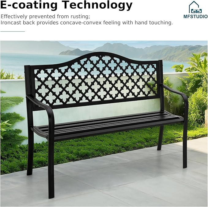 MFSTUDIO 50" Black Outdoor Metal Garden Bench, Cast Iron Frame Patio Furniture - Image 7
