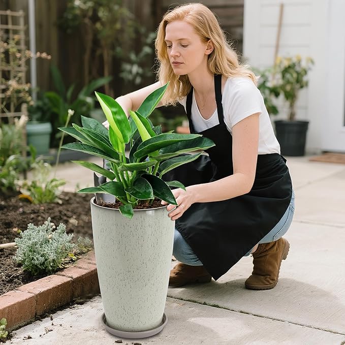 Set of 2 Lightweight Ceramic-Look Tall Planter, 21 inch Large Plastic Planter - Image 8
