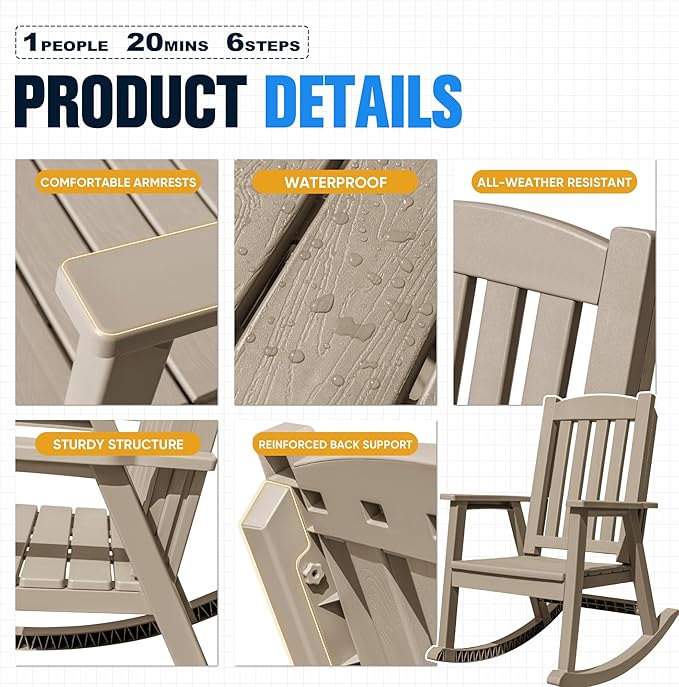 Devoko PP Material Rocking Chair Outdoor Indoor All Weather High Back Patio - Image 4