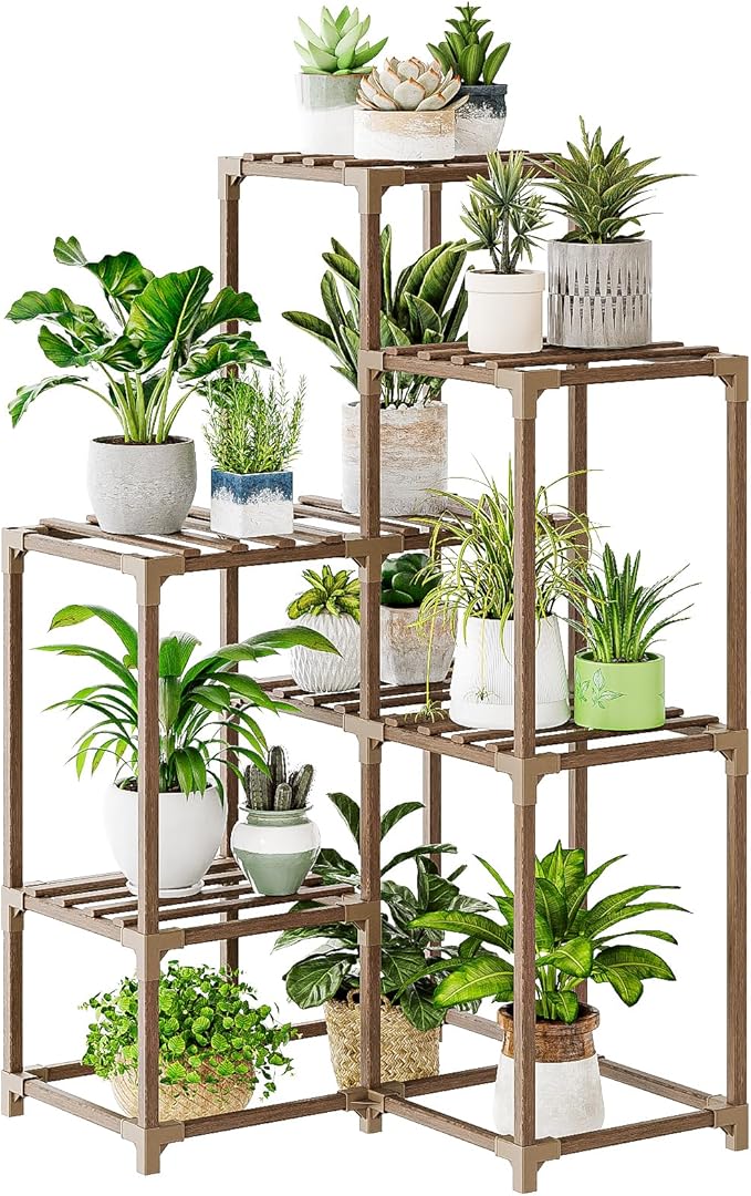 Bamworld Plant Stand Indoor Plant Shelf Outdoor Corner Wood Plant Table 7 Pots - Image 7
