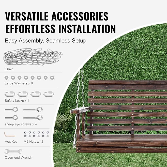 VEVOR Outdoor Wooden Porch Swing, 880lbs 4.5FT Heavy Duty Haning Porch Swings - Image 5