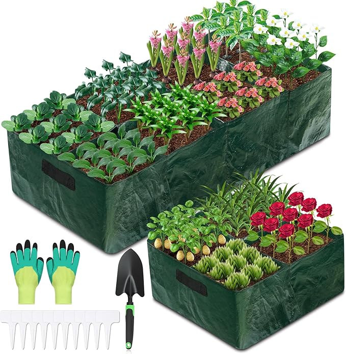 Fabric Raised Garden Bed, 2 Pack 8 Grids and 4 Grids, 128 Gallon Rectangle Grow by LifeisLuck
