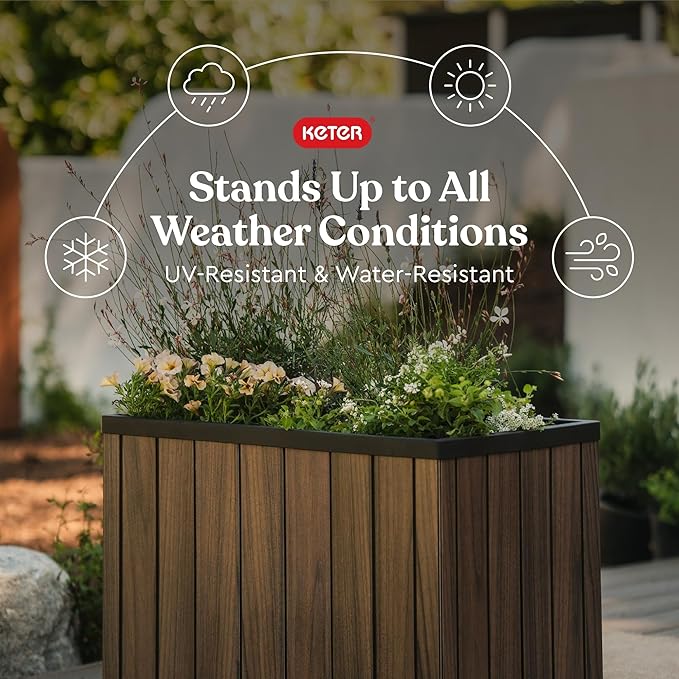 Keter Signature 21.7 Inch Tall Rectangular Large Wood Look Planter - Image 3