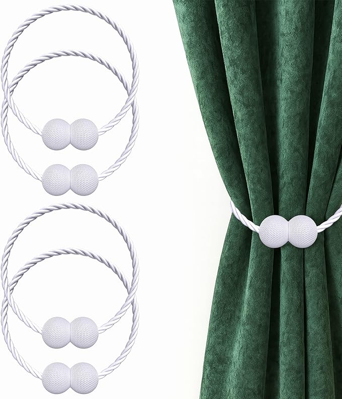 Hion Magnetic Curtain Tiebacks White 4 Pack, Curtain Tiebacks Buckles Holdbacks by Hion