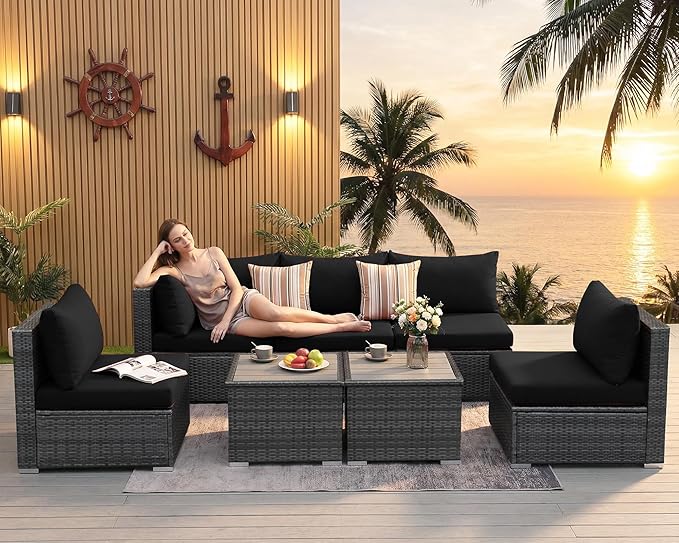 NICESOUL 7 Piece Modern Outdoor Patio Furniture Set, Extra Large Grey Wicker - Image 3