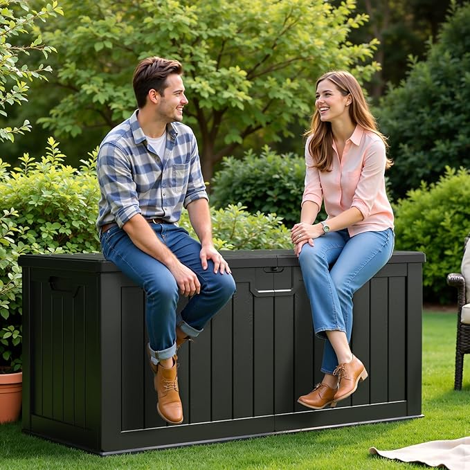 Flamaker Resin Deck Box 250 Gallon, Waterproof Imitation-Wood Lockable Storage - Image 2