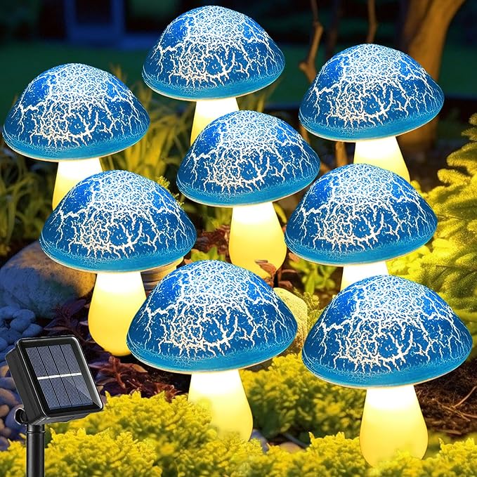 Solar Mushroom Lights Garden Decor 8 Blue Crack Mushrooms Outdoor Decor Stake by Viewpick