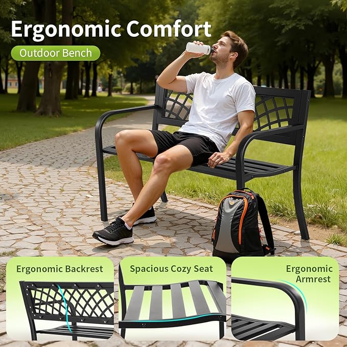 Garden Bench, Outdoor Benches, Iron Steel Frame Patio Bench - Image 5