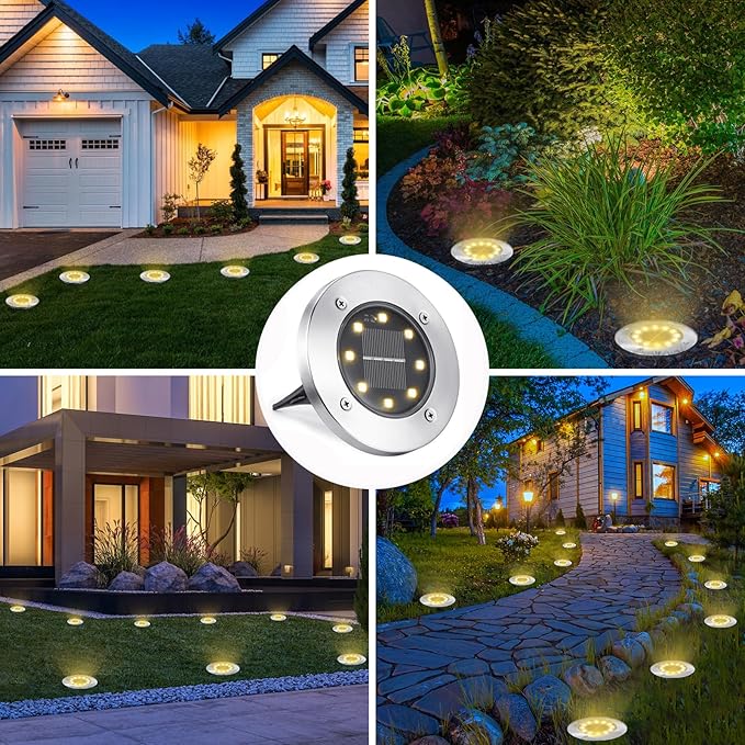 LYHOPE Solar Ground Lights Outdoor, 8 Pack 8 LED Solar Disk Lights Waterproof - Image 3
