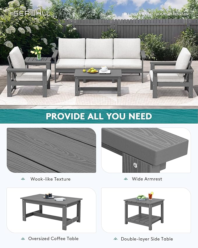 SERWALL HDPE Patio Furniture Set, 7-piece Outdoor Sectional Sofa Set, All - Image 7