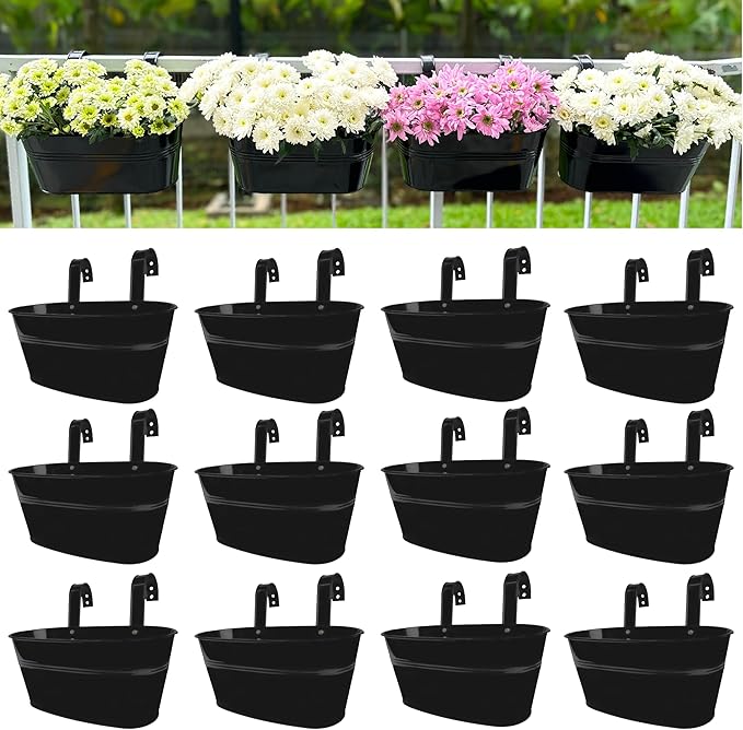 LaLaGreen Rail Planter Outdoor Plants Black Metal Iron Hanging Flower Pots Deck by L%C3%A1L%C3%A1Green