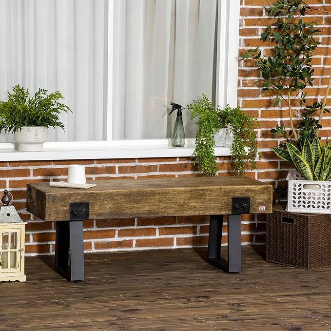 HOMCOM Garden Bench with Metal Legs, Rustic Wood Effect Concrete Entryway Bench - Image 2