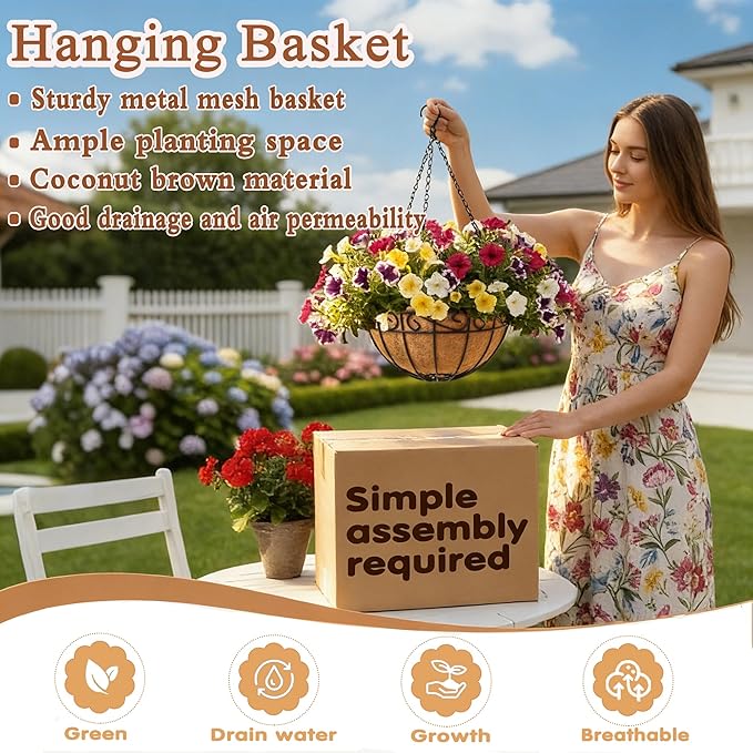 14 inch Metal Hanging Baskets For Plants Outdoor 4 Pack Round Metal Wire - Image 2