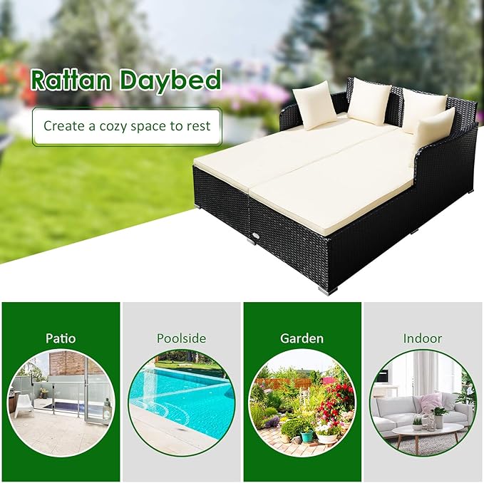 COSTWAY Outdoor Patio Rattan Daybed, Sponge Cushioned Loveseat Sofa - Image 9