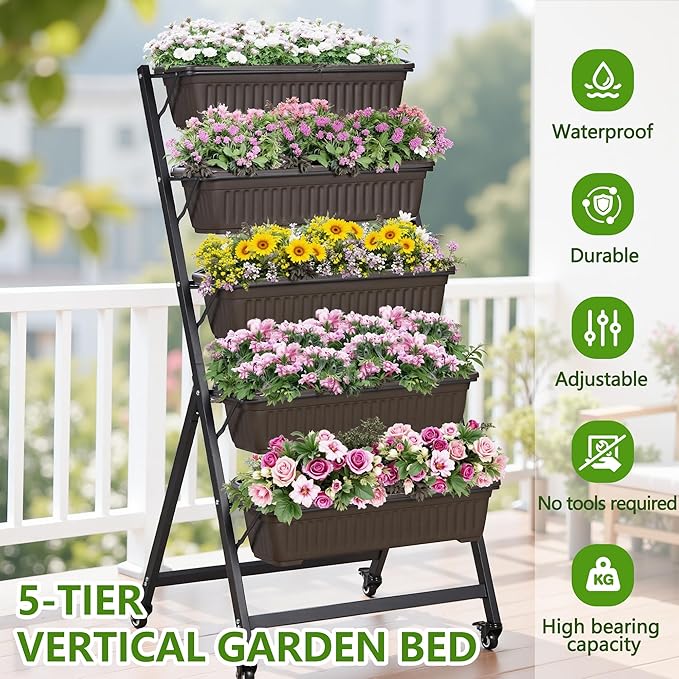 VECELO 5-Tier Vertical Garden Bed, Freestanding Elevated Raised Garden Planter - Image 2