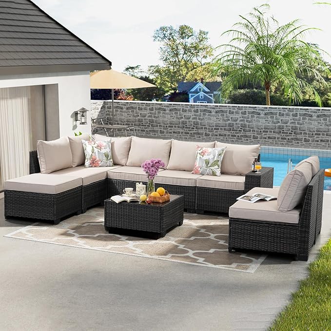 9 Pieces Patio Furniture Set All-Weather Outdoor Wicker Sectional Conversation - Image 7