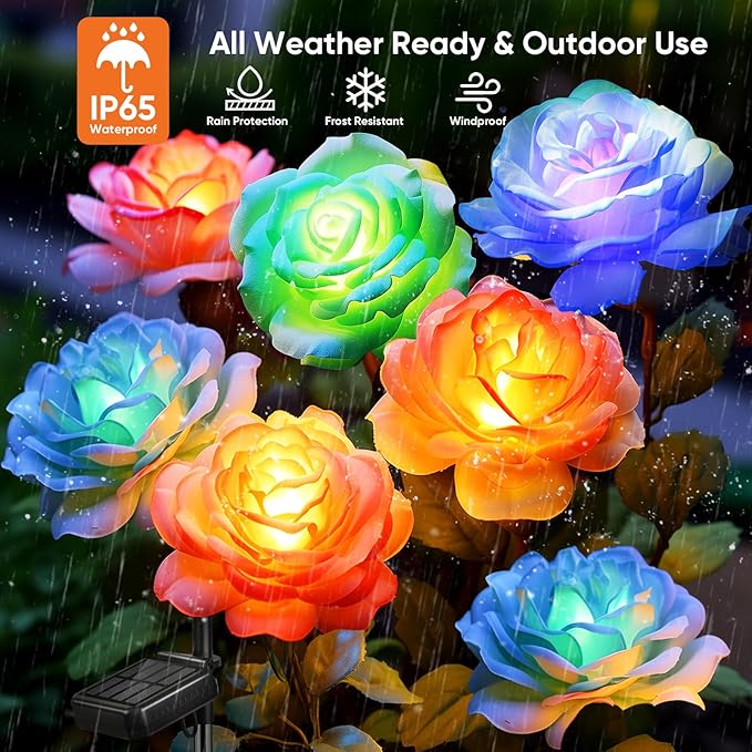 Solar Rose Lights Outdoor: 4 Pack IP65 Waterproof 7-Color Changing LED Flower - Image 3