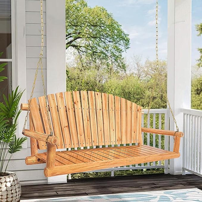Outdoor Porch Swing Front Porch Hanging Wooden Bench Swing 3 Seat Chair - Image 6