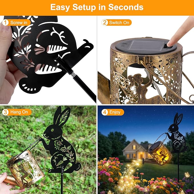 Solar Watering Can Light with Bunny Silhouette Stake & Fairy Design - Image 7