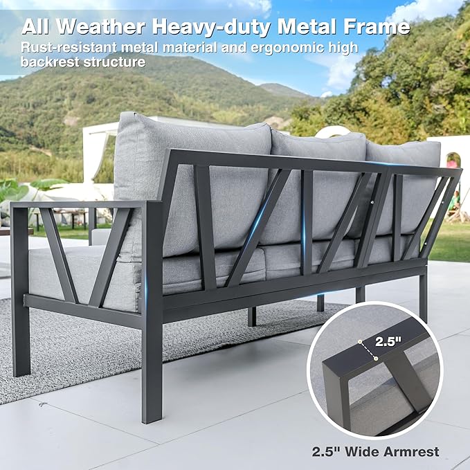 Outdoor Furniture Set, 6 Pieces Outdoor Couch Sectional, L Shaped Metal Patio - Image 3