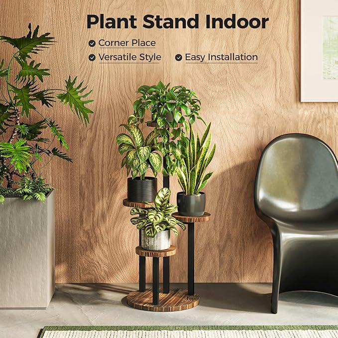 Bamworld Plant Tables Indoor Corner Plant Stand Tall Metal Wood Plant Shelf - Image 2