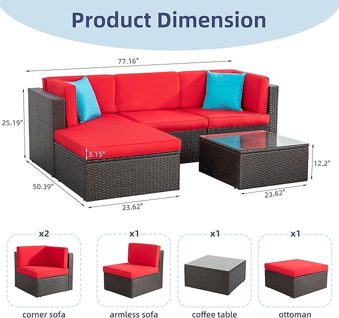 Vongrasig 5 Pieces Small Patio Furniture Sets, All-Weather Outdoor Sectional - Image 2