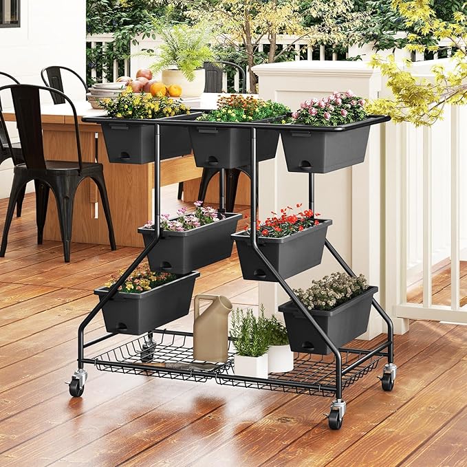 Giantex Rolling Raised Garden Bed w/ 7 Planter Boxes, Storage Baskets, Drainage - Image 2