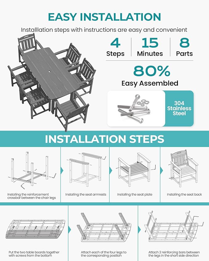Outdoor Rectangle Dining Table, Heavy-Duty HDPE Table - Image 5