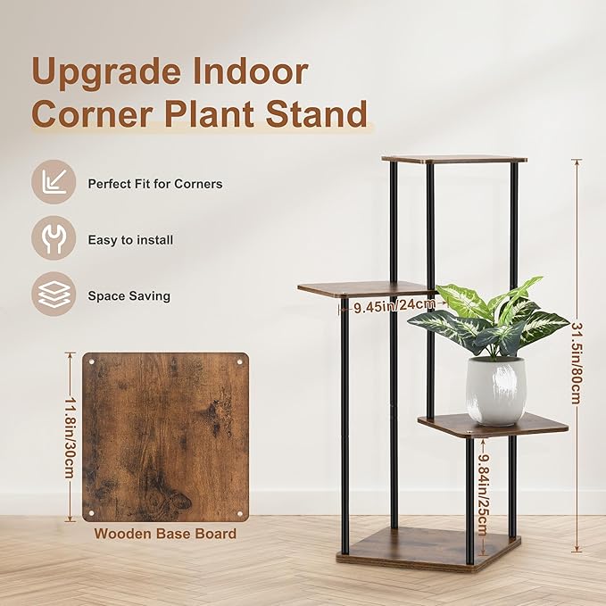 4 Tier Plant Stand Indoor Outdoor, Wood Metal Corner Shelf, Planter Shelf - Image 3