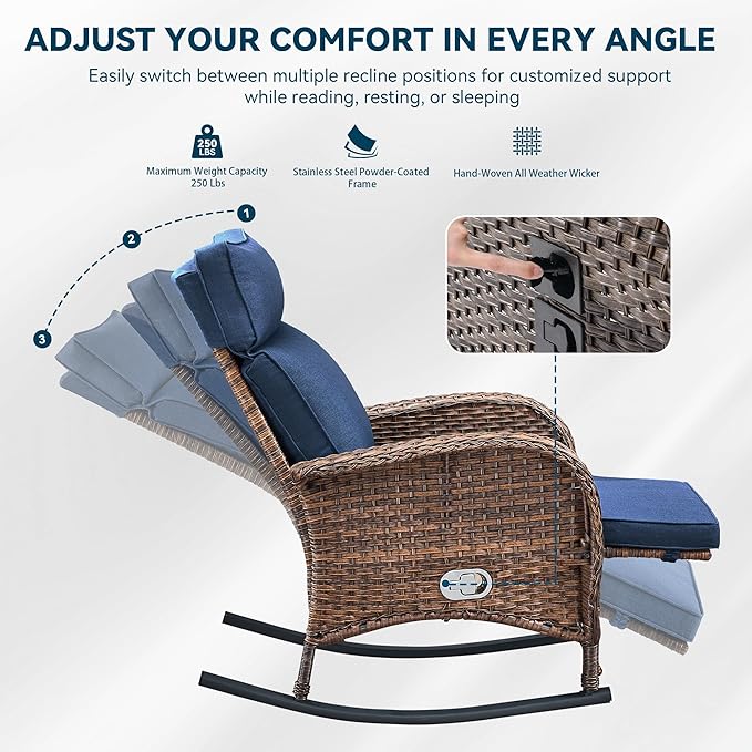 3 Pieces Zero Gravity Wicker Patio Rocking Recliner Chairs Set of 2 - Image 6