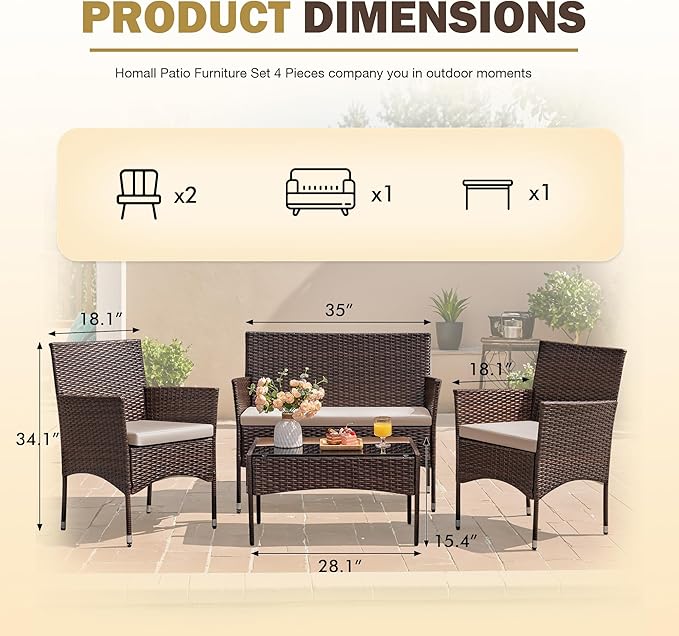 Homall 4 Pieces Outdoor Patio Furniture Sets Rattan Chair Wicker Set, Outdoor - Image 6