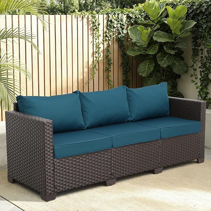 WAROOM Patio Couch PE Rattan 3-Seat Outdoor Sofa Brown Wicker Furniture Set - Image 2