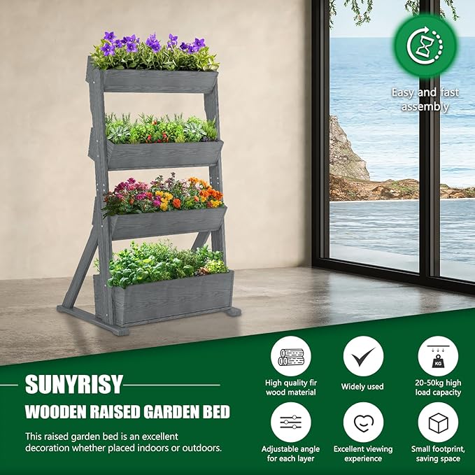 SUNYRISY 4 Tiers Vertical Raised Garden Bed Outdoor Planter Tower, Wooden - Image 4