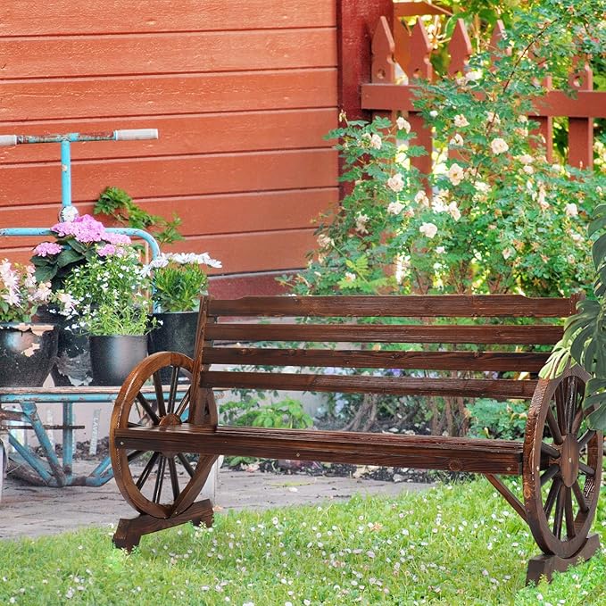 VINGLI Rustic Wooden Wheel Bench Outdoor Bench, Patio Bench Wagon Slatted Seat - Image 2
