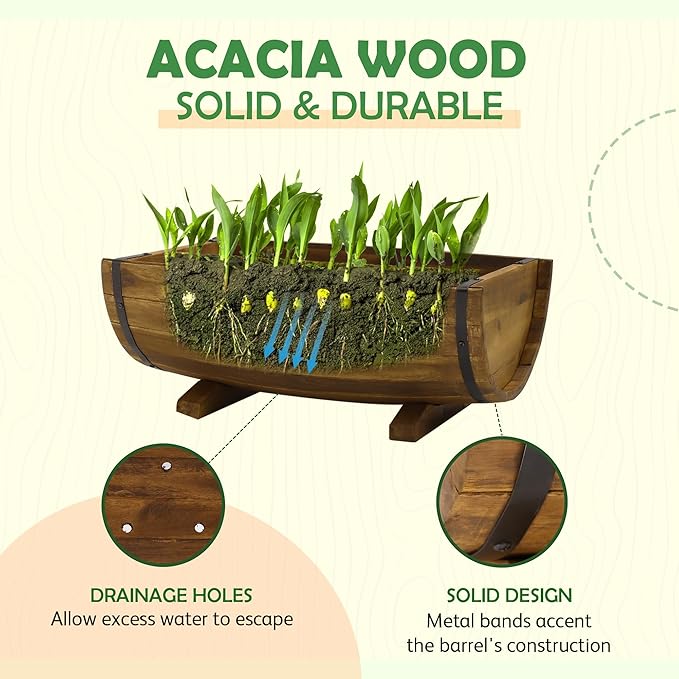 IDZO Solid Acacia Wood Half Barrel Planters Outdoor Set of 2 Different Sizes - Image 4