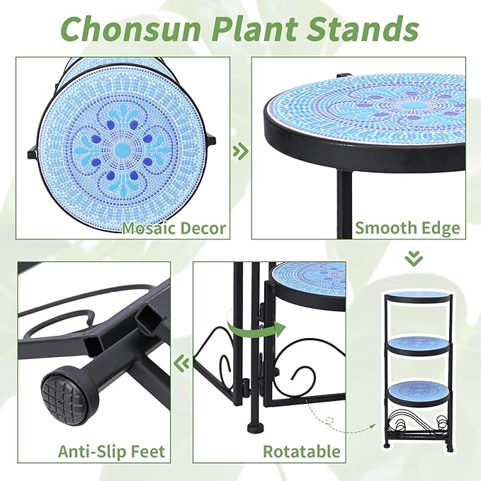 Plant Stand Indoor 3 Tie Mosaic Metal Corner Shelf Outdoor Plant Pot Holder - Image 3