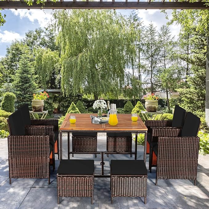 Tangkula 9 Pieces Acacia Wood Patio Dining Set, Space Saving Wicker Chairs and - Image 3