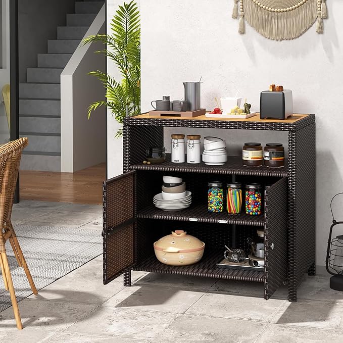 Tangkula Rattan Outdoor Storage Cabinet, Patiojoy Outdoor Cabinet - Image 8