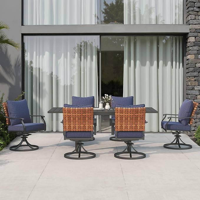 Grand patio 7-Piece Outdoor Dining Set, 6 Leather-Look Wicker Blue Swivel Patio - Image 2