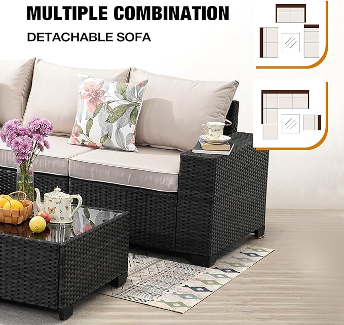 7 Pieces Patio Furniture Set All-Weather Outdoor Wicker Sectional Conversation - Image 6