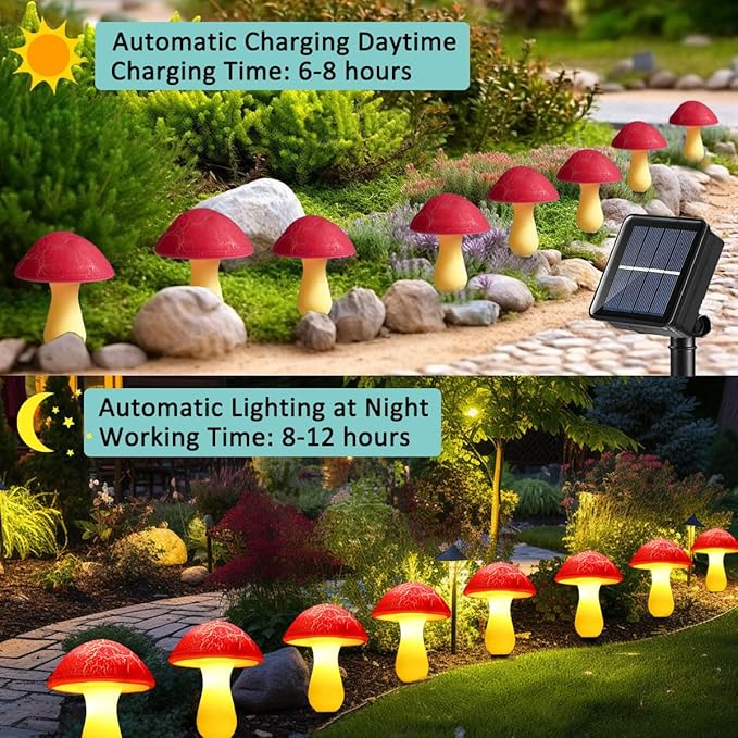 Solar Mushroom Lights Garden Decor 8 Red Crack Mushrooms Outdoor Decor Stake - Image 5