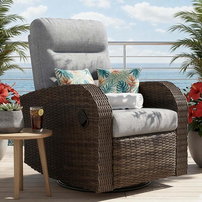 Outdoor Swivel Recliner Chair, All-Weather Wicker Reclining Patio Chair by Vakollia
