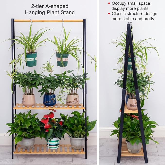 COPREE Bamboo 2-tier Hanging Plant Stand Planter Shelves Flower Pot Organizer - Image 2