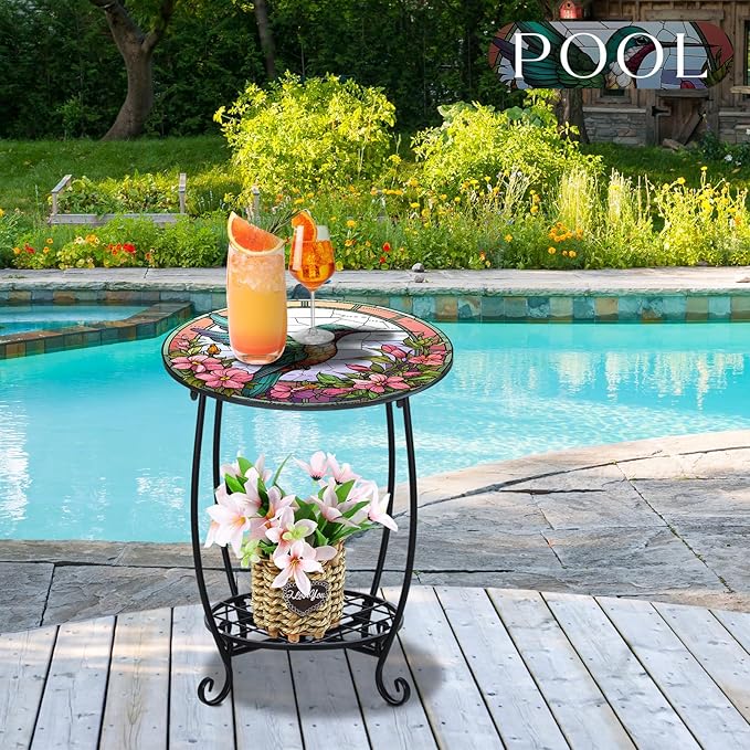 Outdoor Side Table Round Small Mosaic Patio Accent Indoor End Plant Coffee Tea - Image 2