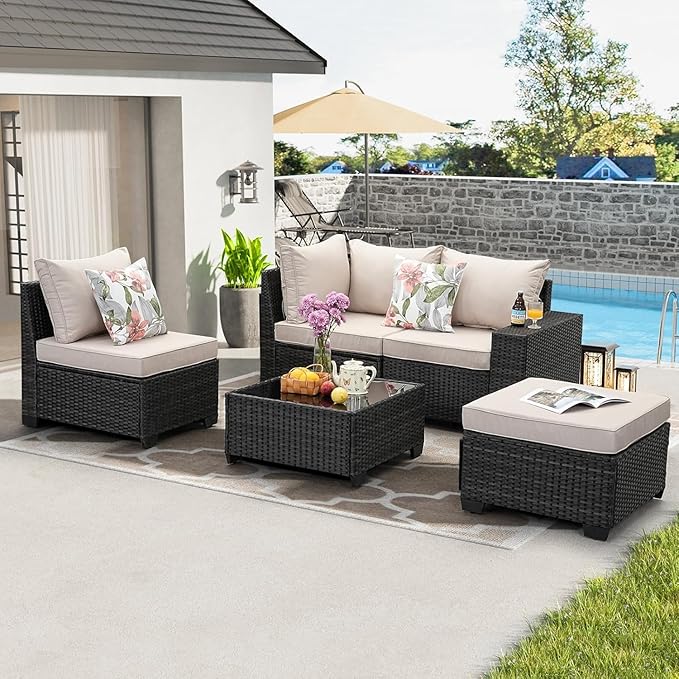 Jing's Villa 5-Piece Patio Furniture Set, All-Weather Outdoor Wicker Sectional - Image 8