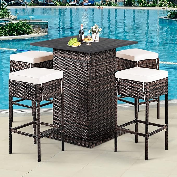 Tangkula 5 Piece Outdoor Rattan Bar Set, Patio Bar Furniture - Image 2